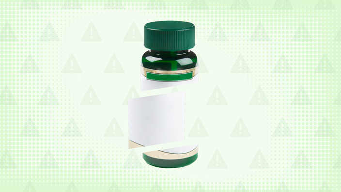 Light green background with texture and warning sign pattern. In the center is a green vitamin bottle cut into thirds. 