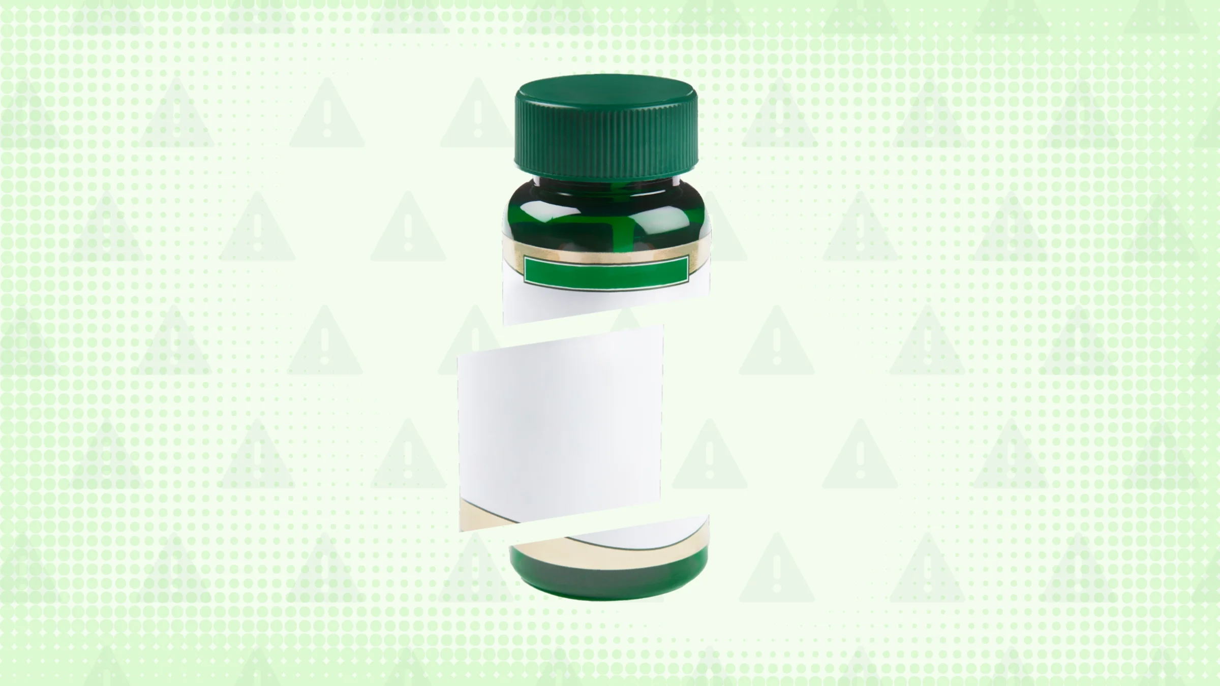 Light green background with texture and warning sign pattern. In the center is a green vitamin bottle cut into thirds. 