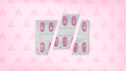 Light-pink background with texture and warning sign pattern. In the center is a blister pack of pink antihistamine pills cut into thirds. 
GoodRx Health
