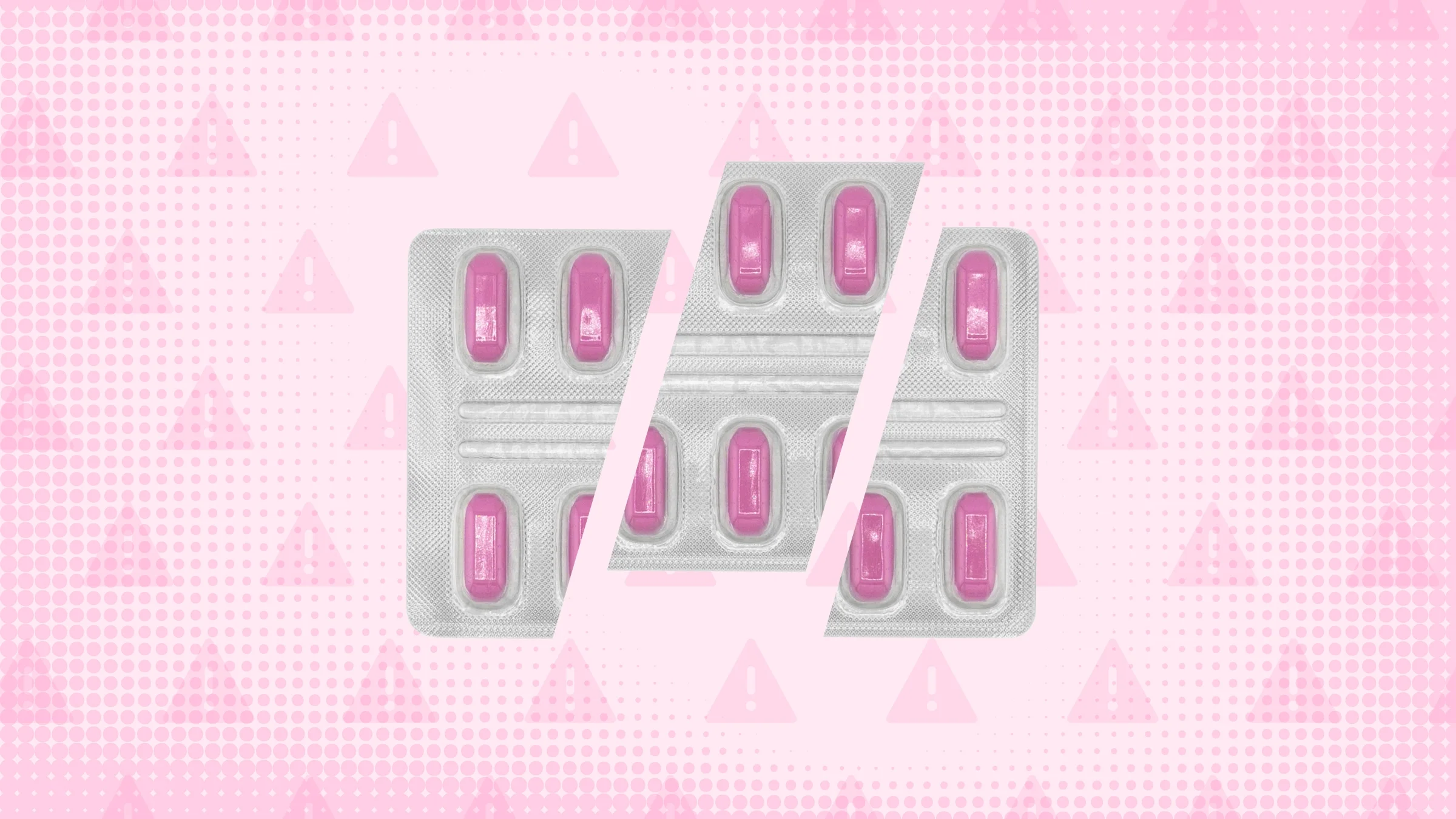 Light-pink background with texture and warning sign pattern. In the center is a blister pack of pink antihistamine pills cut into thirds. 