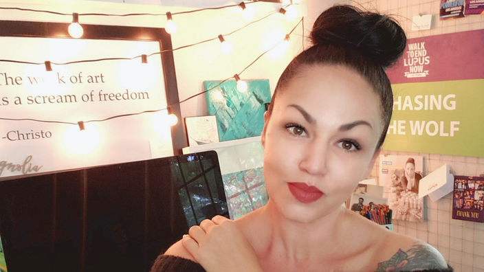 Shannon Lee is pictured inside in front of a computer.