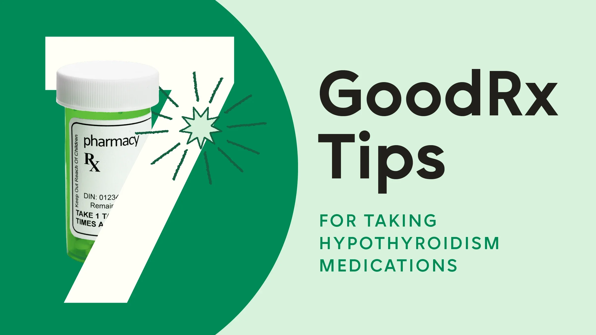 Light green background with dark green half circle on the left side. The text reads: "7 GoodRx Tips for Taking Hypothyroidism Medications." Coming out from behind the number seven is a green prescription bottle.
GoodRx Health