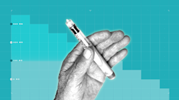 In the center of a teal background with graph paper texture and representational step graph is a black-and-white cutout of a hand holding an auto injector medication. 
GoodRx Health