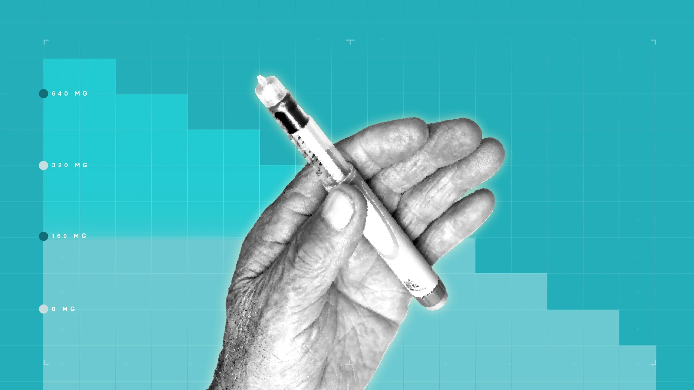 In the center of a teal background with graph paper texture and representational step graph is a black-and-white cutout of a hand holding an auto injector medication. 
