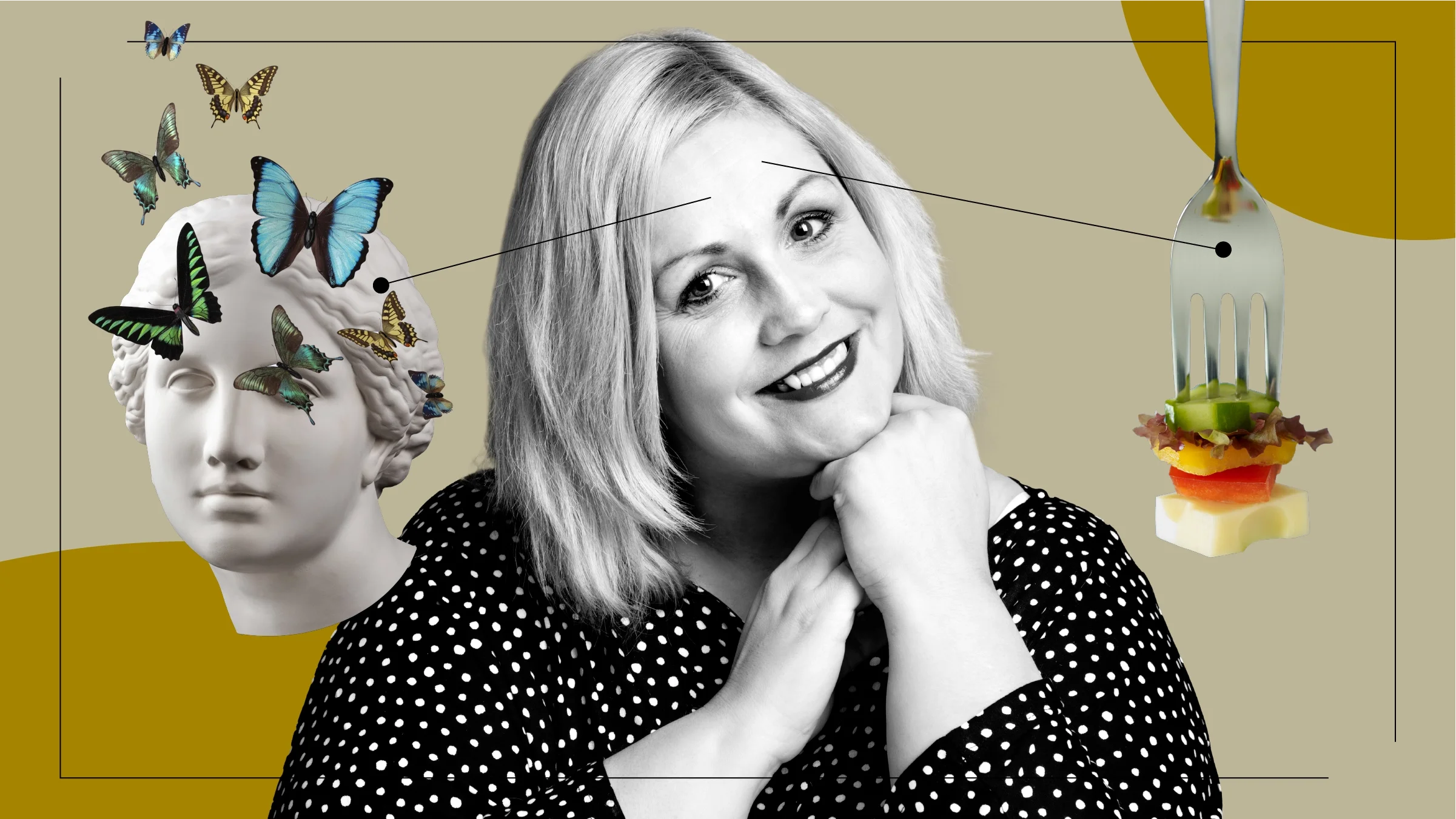 A graphic that represents taking Wegovy includes a photo of a woman, a bust with butterflies, and a fork with food.