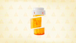 In the center of an orange background with texture and warning sign pattern is an orange pill bottle with a white cap cut into thirds. 
GoodRx Health