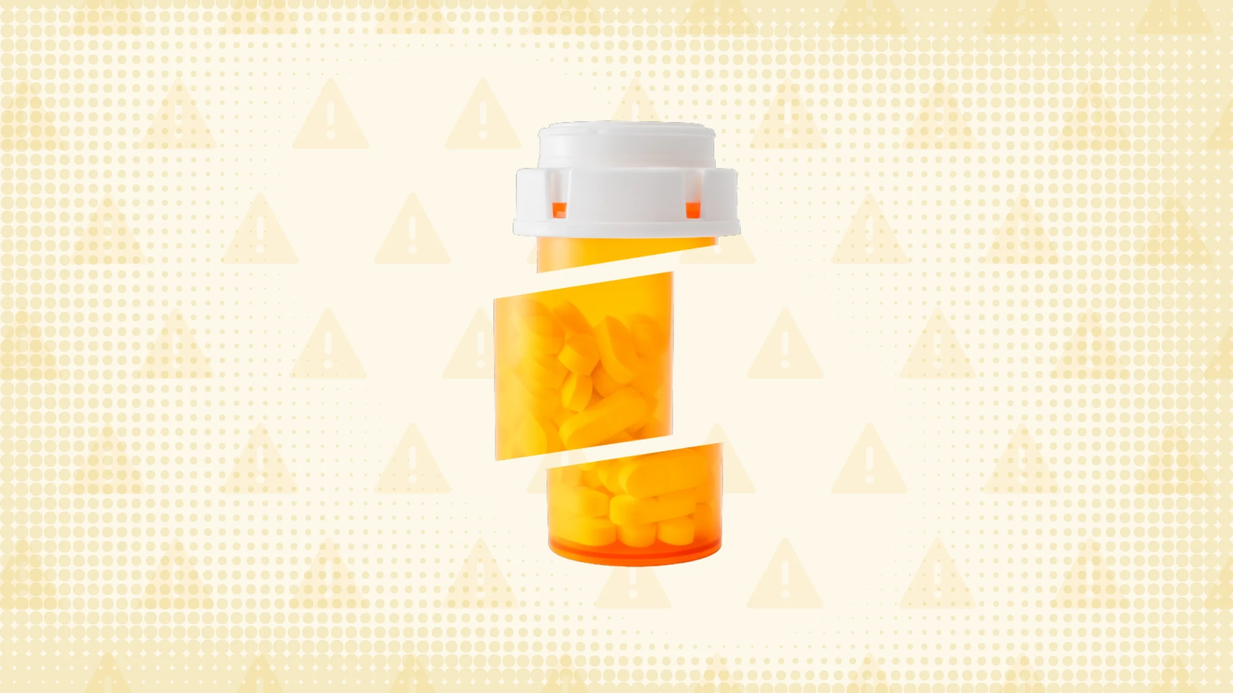 In the center of an orange background with texture and warning sign pattern is an orange pill bottle with a white cap cut into thirds. 