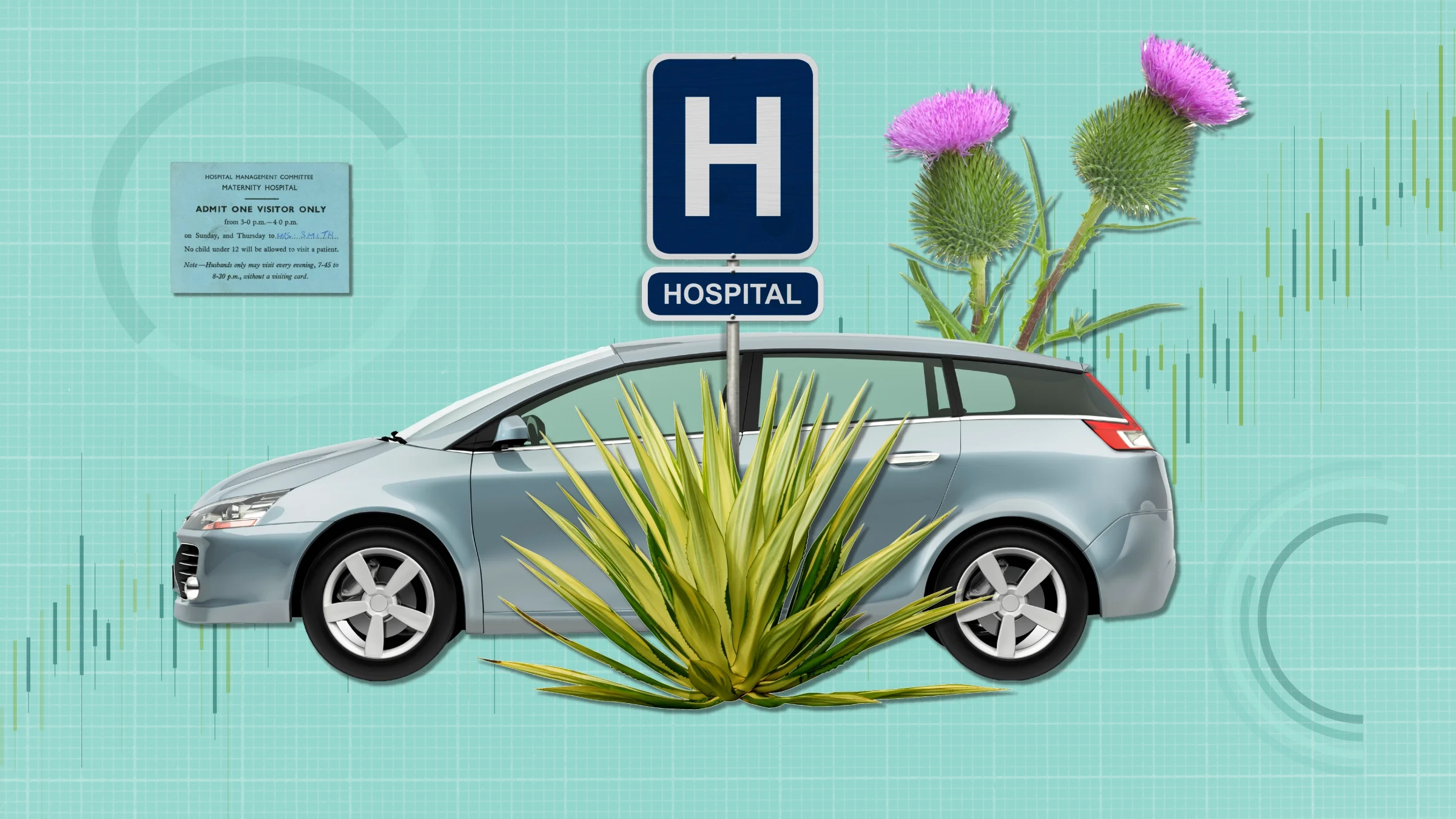 Pastel teal background with graph paper texture and representative graphs including a candle graph and radial graphs. In the center is a cutout collage of a car, hospital sign, and desert plants.
