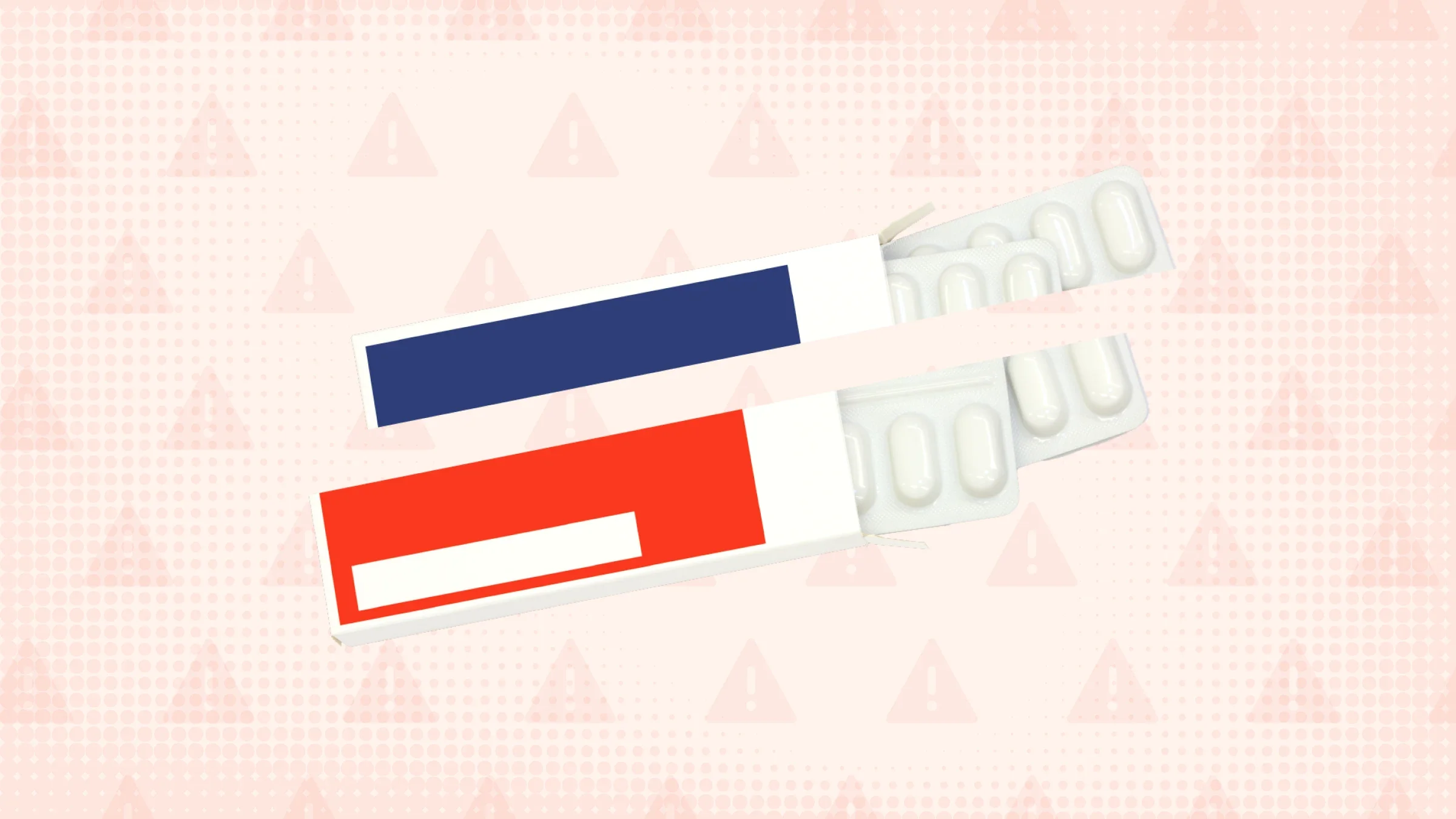 Light red background with overlayed warning sign pattern in darker red. In the center is a blue, red, and white pill box with a blister pack peaking out that is cut up into three sections.
GoodRx Health