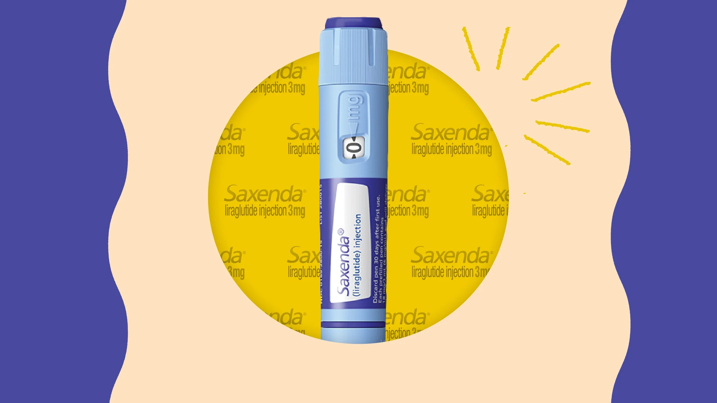 In the center of a tan background with purple wavy shapes on either side is a cutout product photo of Saxenda peeking out of the circular paper cutout background. Behind the vial is a pattern of the Saxenda logo faded out slightly.