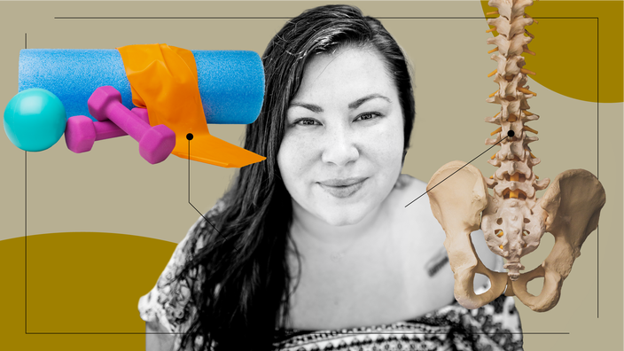 Tan background with black and white cutout portrait of a woman with a soft expression on her face. Off of her are diagram lines pointing to objects representing low back pain. On the left is physical therapy equipment. And on the right is a skeletal spine. 