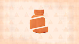 Light orange background with texture and warning sign pattern. In the center is a square orange pill bottle cut into thirds. 
GoodRx Health