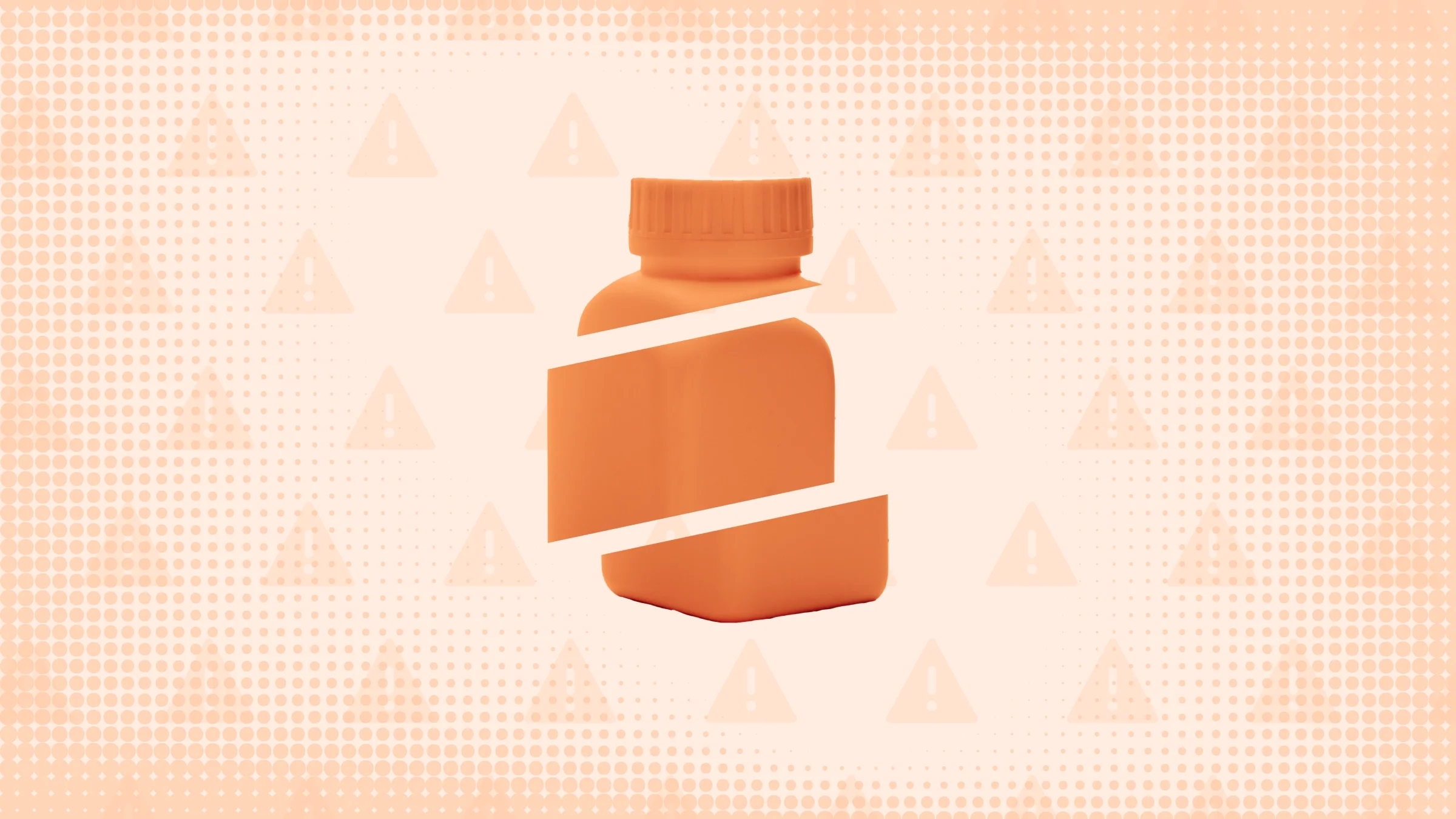 Light orange background with texture and warning sign pattern. In the center is a square orange pill bottle cut into thirds.