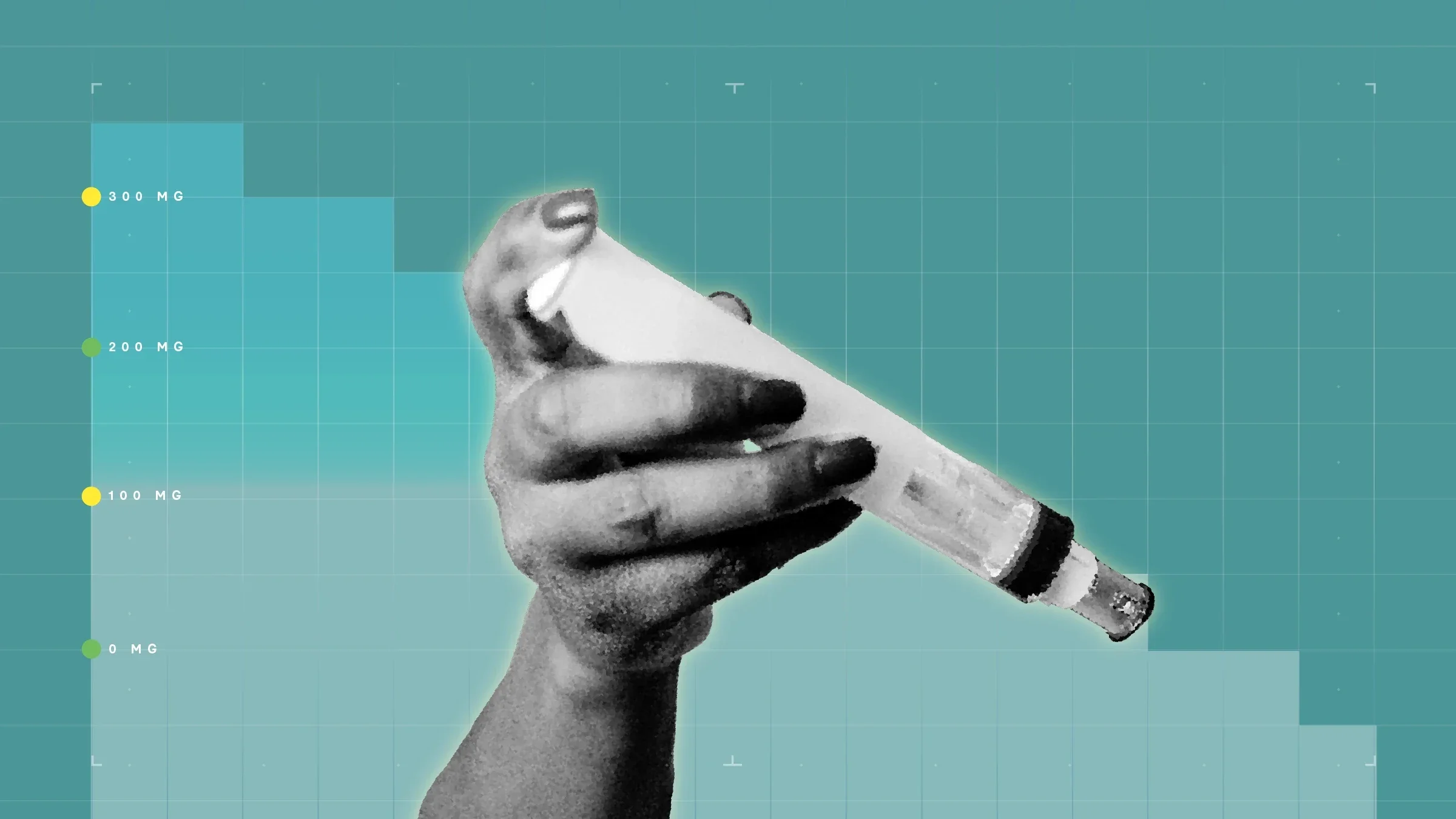 Light teal background with graph paper texture and representational step graph. In the center is a black-and-white cutout of a hand holding an injector medication.
GoodRx Health