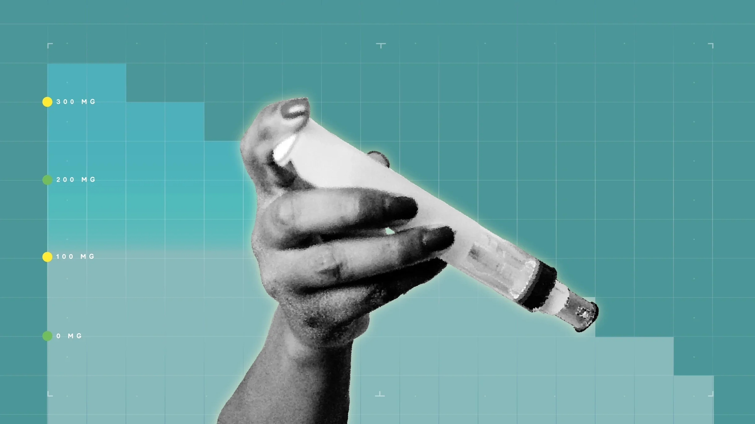 Light teal background with graph paper texture and representational step graph. In the center is a black-and-white cutout of a hand holding an injector medication.