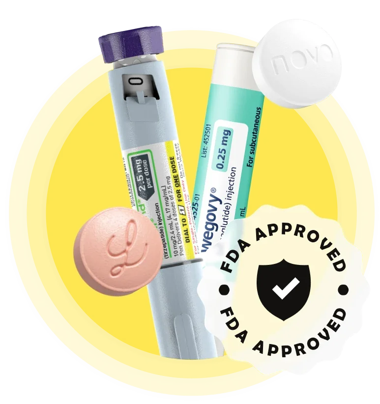 Illustration of weight loss treatments Wegovy and Zepbound with packaging