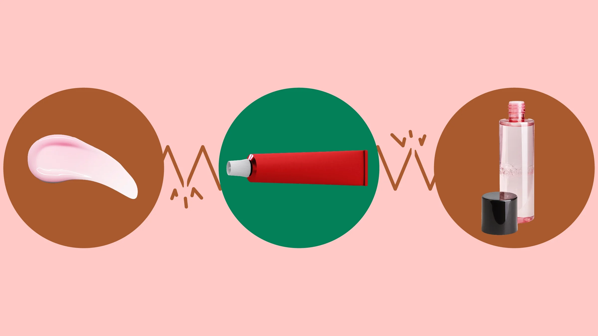 A graphic about tretinoin interactions shows a medication tube, swatch of lotion, and toner bottle offset by circles.