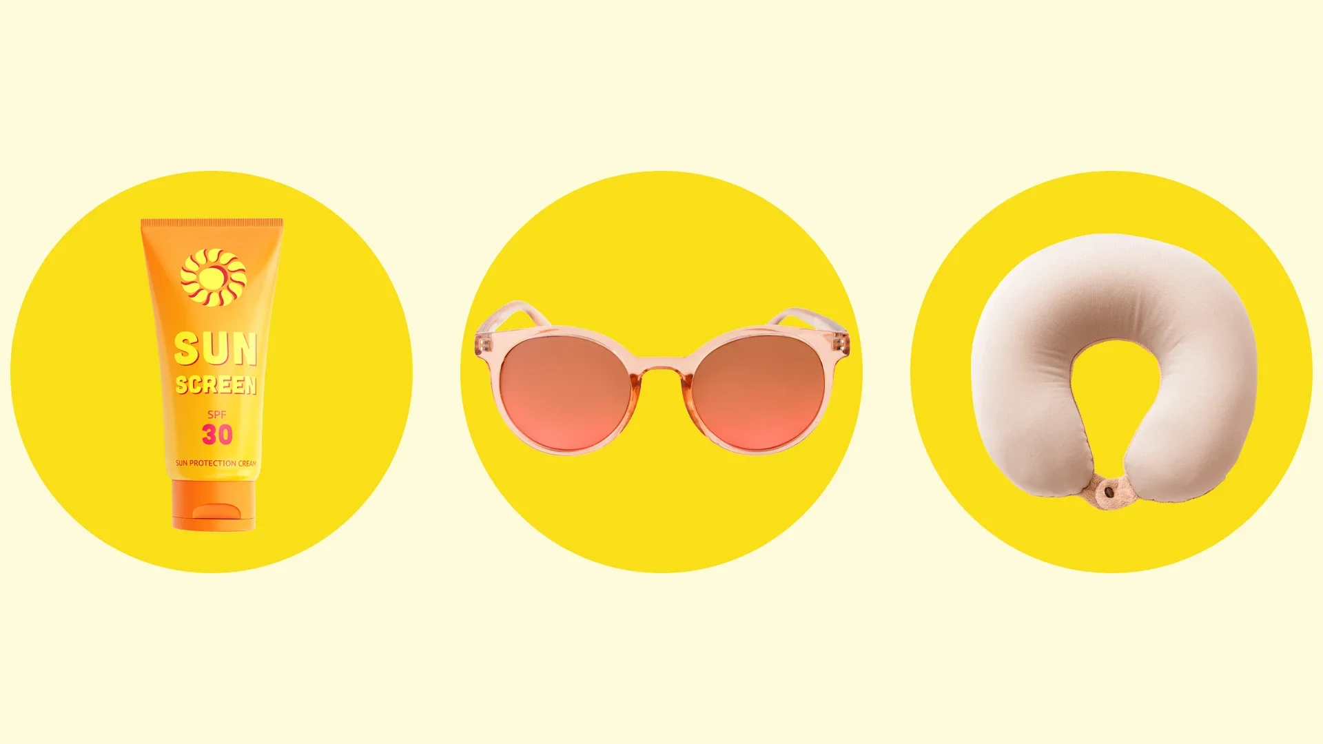 Three different items each on individual yellow circles on a lighter yellow background. The item on the left is sunscreen, middle is prescription sunglasses, and the right is a travel neck pillow.
Items via Getty Images
