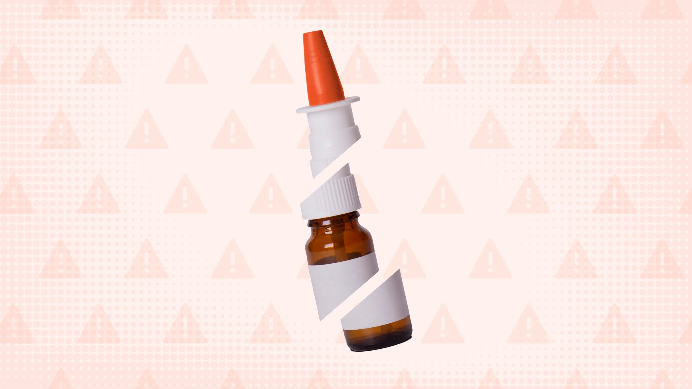 Light-red background with texture and a warning sign pattern. In the center is a nasal spray bottle with a red cap cut into thirds.