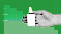 Green background with graph paper texture and representational step graph. In the center is a black and white cutout of a hand holding a nasal spray. 
GoodRx Health