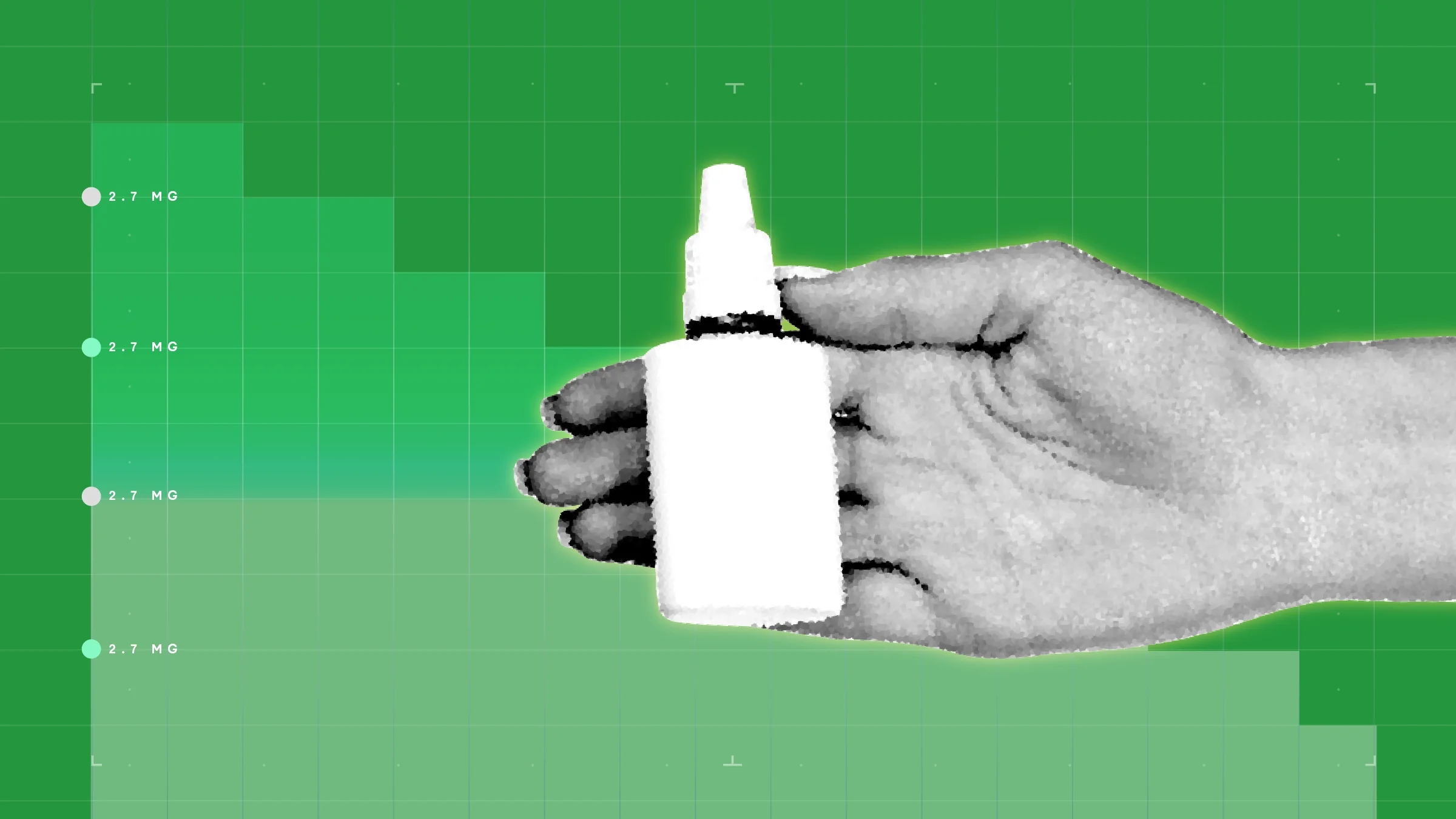 Green background with graph paper texture and representational step graph. In the center is a black and white cutout of a hand holding a nasal spray.