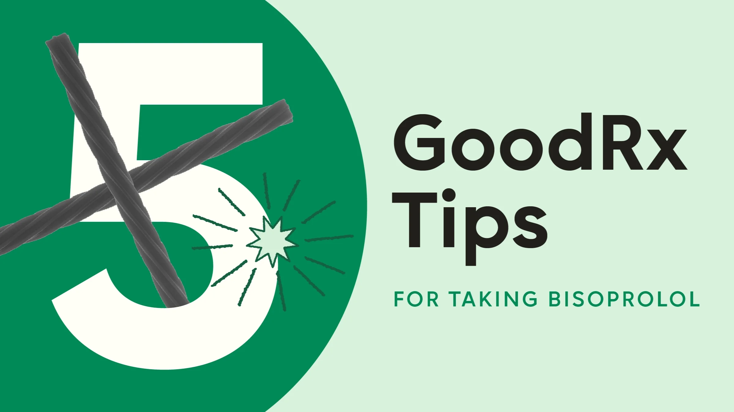  light green background with dark green half circle on the left has text reading “5 GoodRx Tips for Taking Bisoprolol.” Over the number five there are two pieces of black licorice in an “X” shape. 
