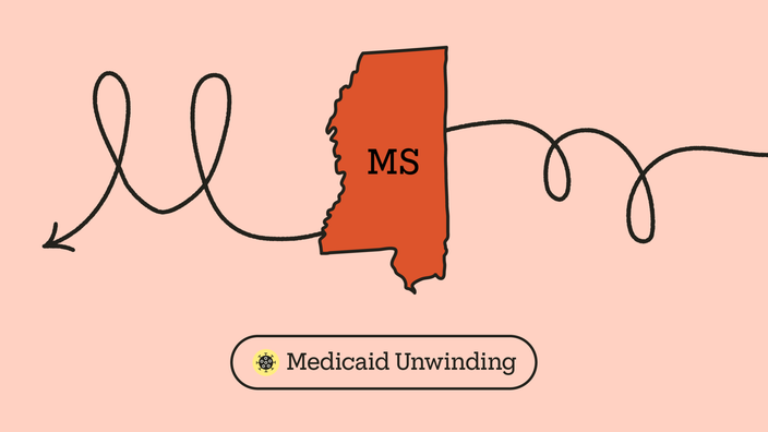 A graphic includes an outline of Mississippi with a doodle arrow going through it and “Medicaid Unwinding” typed underneath, next to a COVID icon.