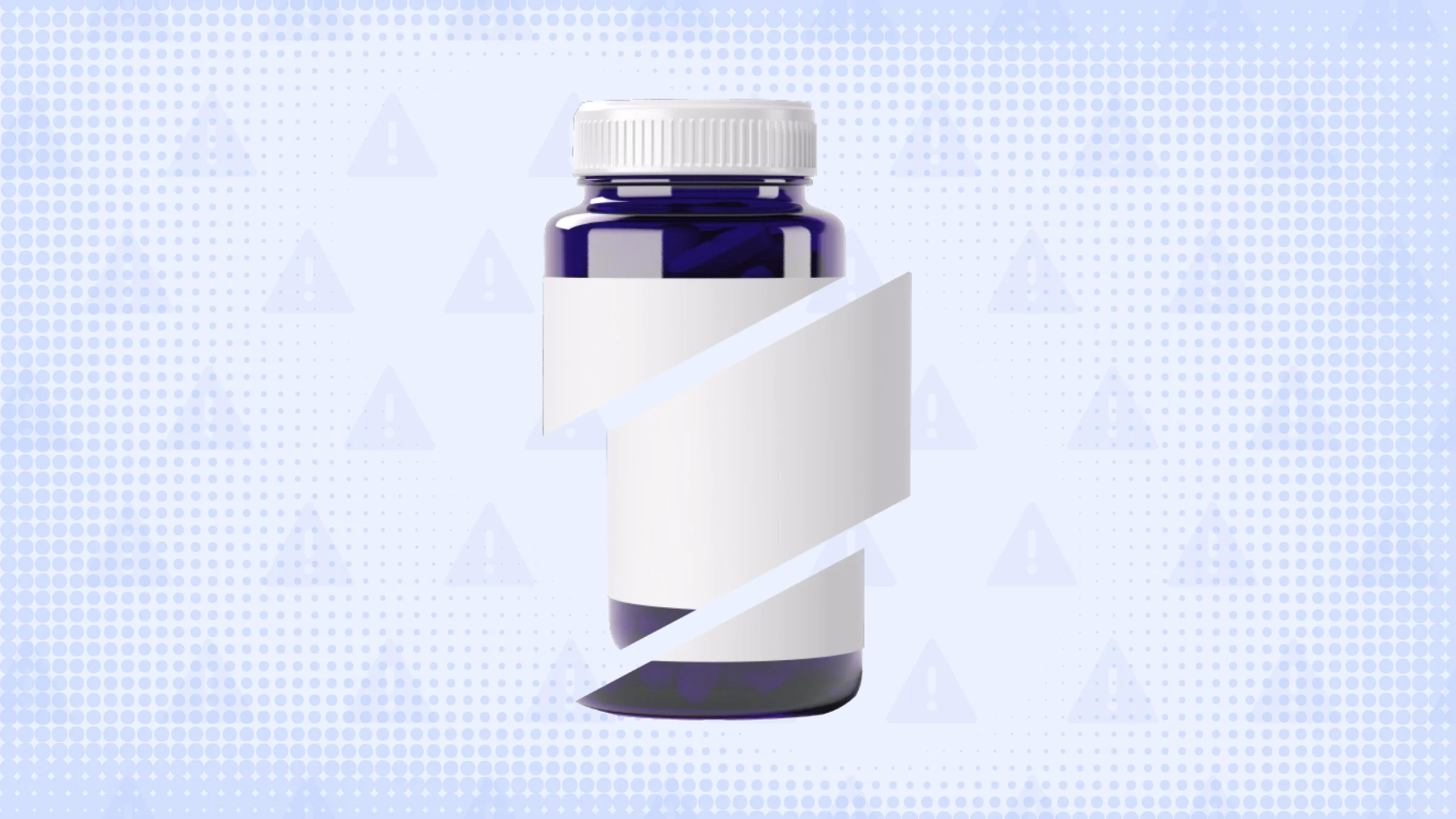 A custom graphic includes a light-blue background with a warning-sign pattern and a blue pill bottle cut into thirds.