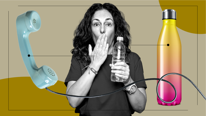 Tan background with a black-and-white cutout of a woman holding a water bottle. Off of her are diagram lines pointing to objects representing helping older adults stay hydrated. On the left is a baby-blue vintage phone receiver. On the right is a bright yellow-and-pink metal water bottle.