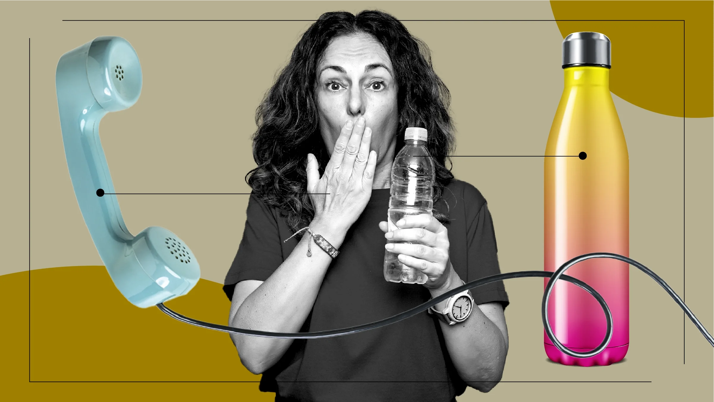 Tan background with a black-and-white cutout of a woman holding a water bottle. Off of her are diagram lines pointing to objects representing helping older adults stay hydrated. On the left is a baby-blue vintage phone receiver. On the right is a bright yellow-and-pink metal water bottle.