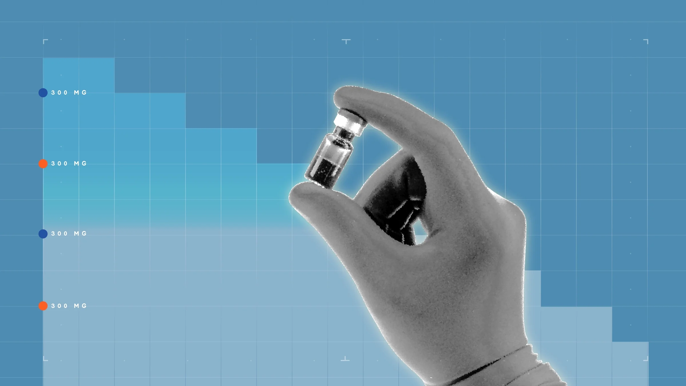 Light-blue background with graph paper texture and representational step graph. In the center is a black-and-white cutout of a gloved hand holding a medication vial.