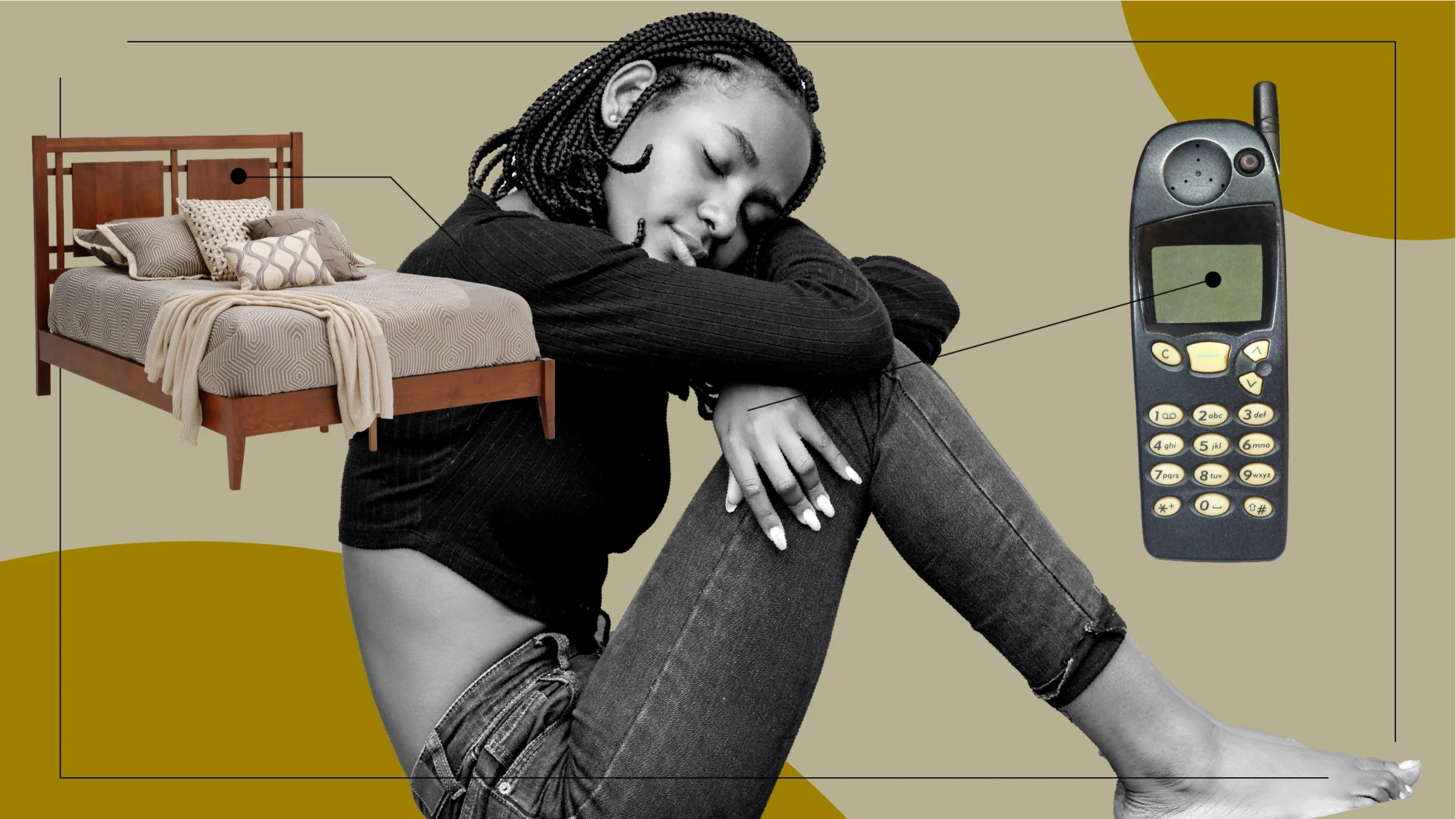 Tan background with cutout portrait of a woman resting her head on her knees. Off of her are diagram lines pointing to objects representing ways to improve sleep. On the left is a plush bed. On the right is an old cellphone. 