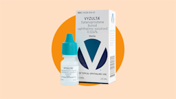 A product shot of Vyzulta on an orange circle over a light-orange background.
Courtesy of Bausch + Lomb
