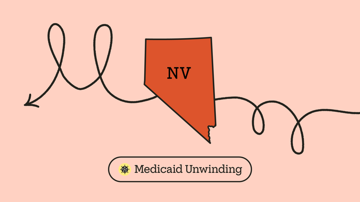 A red drawing of the state of Nevada has a looping arrow drawn across it. At the bottom it reads “Medicaid Unwinding.” 