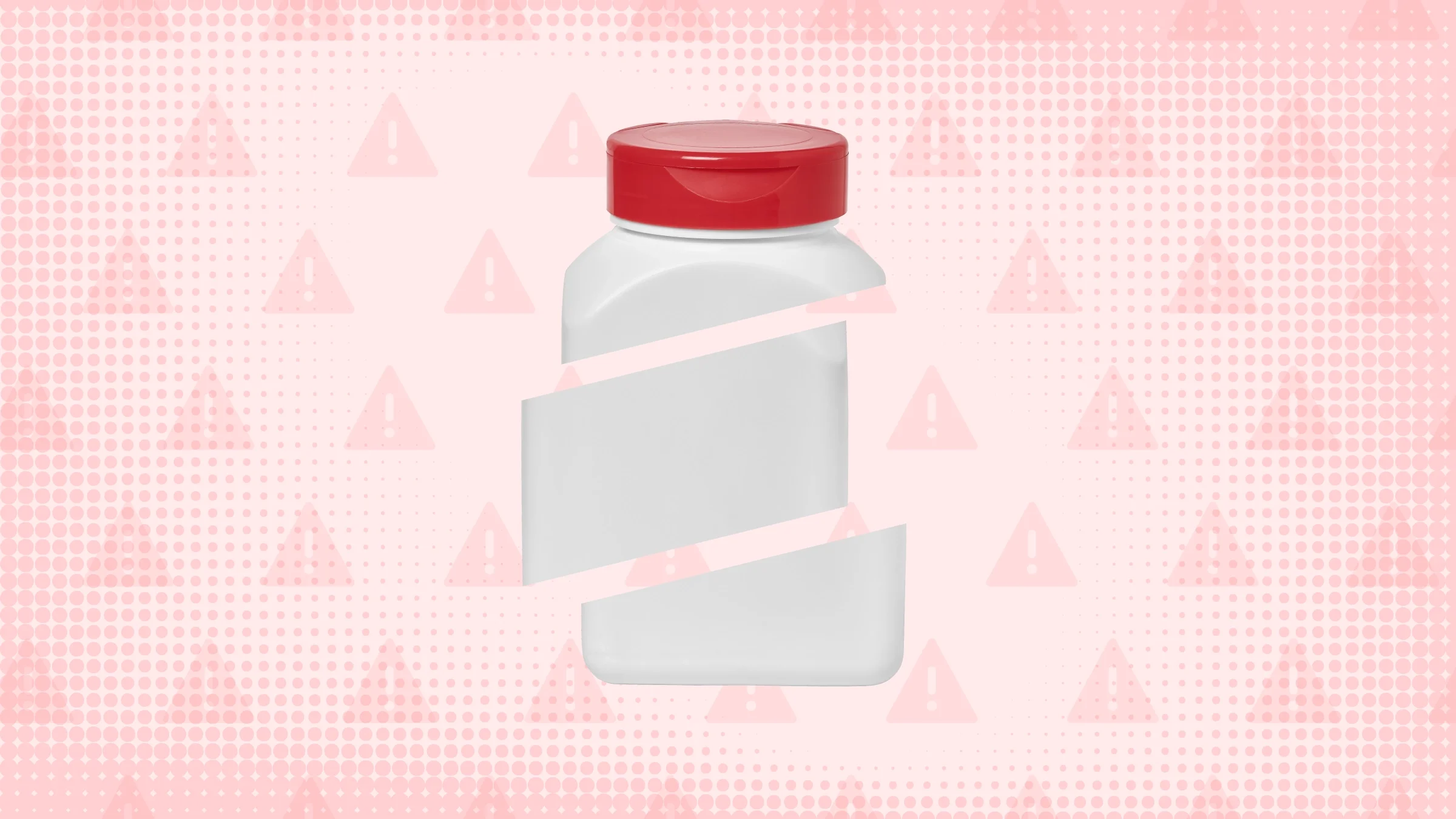Light-red background with texture and warning sign pattern. In the center is a rectangular pill bottle, with a red cap, cut into thirds. 