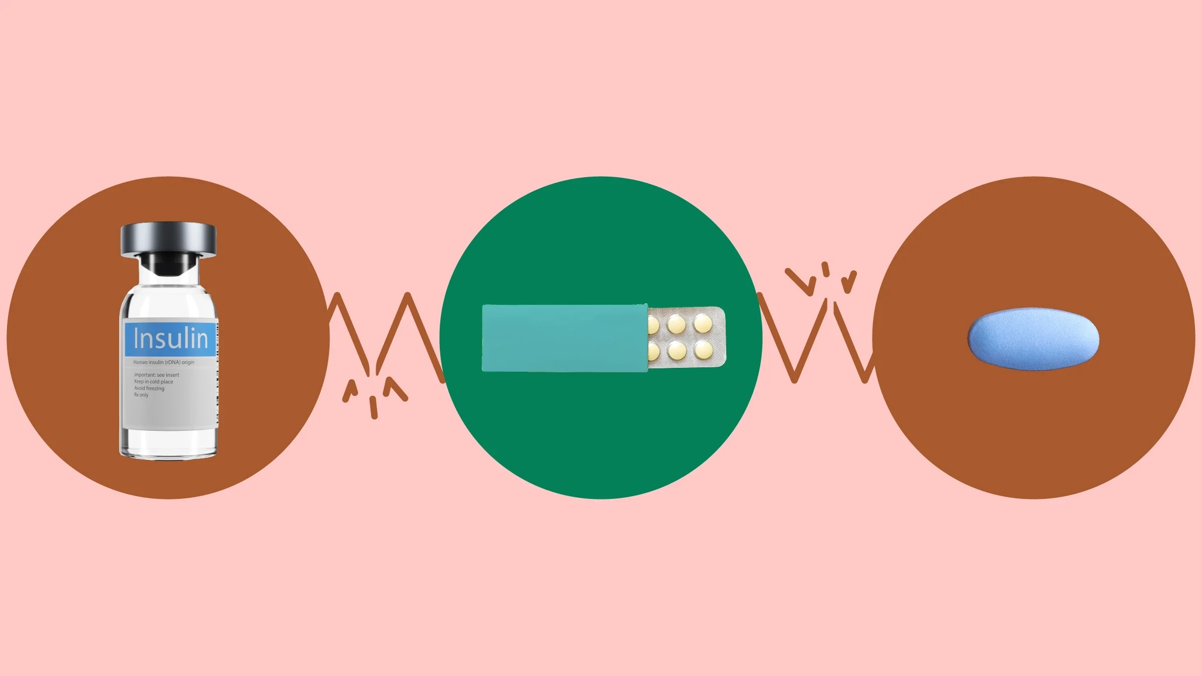 Light red background with three circles across the frame. In the center, on a green circle, is a blister pack of pills in a paper sleeve. On the right, on a red circle, is a single blue pill. On the left, on a red circle, is an insulin vial. 