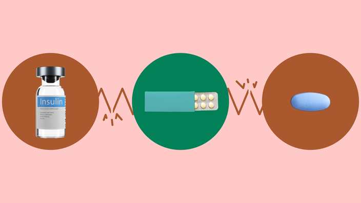 Light red background with three circles across the frame. In the center, on a green circle, is a blister pack of pills in a paper sleeve. On the right, on a red circle, is a single blue pill. On the left, on a red circle, is an insulin vial. 