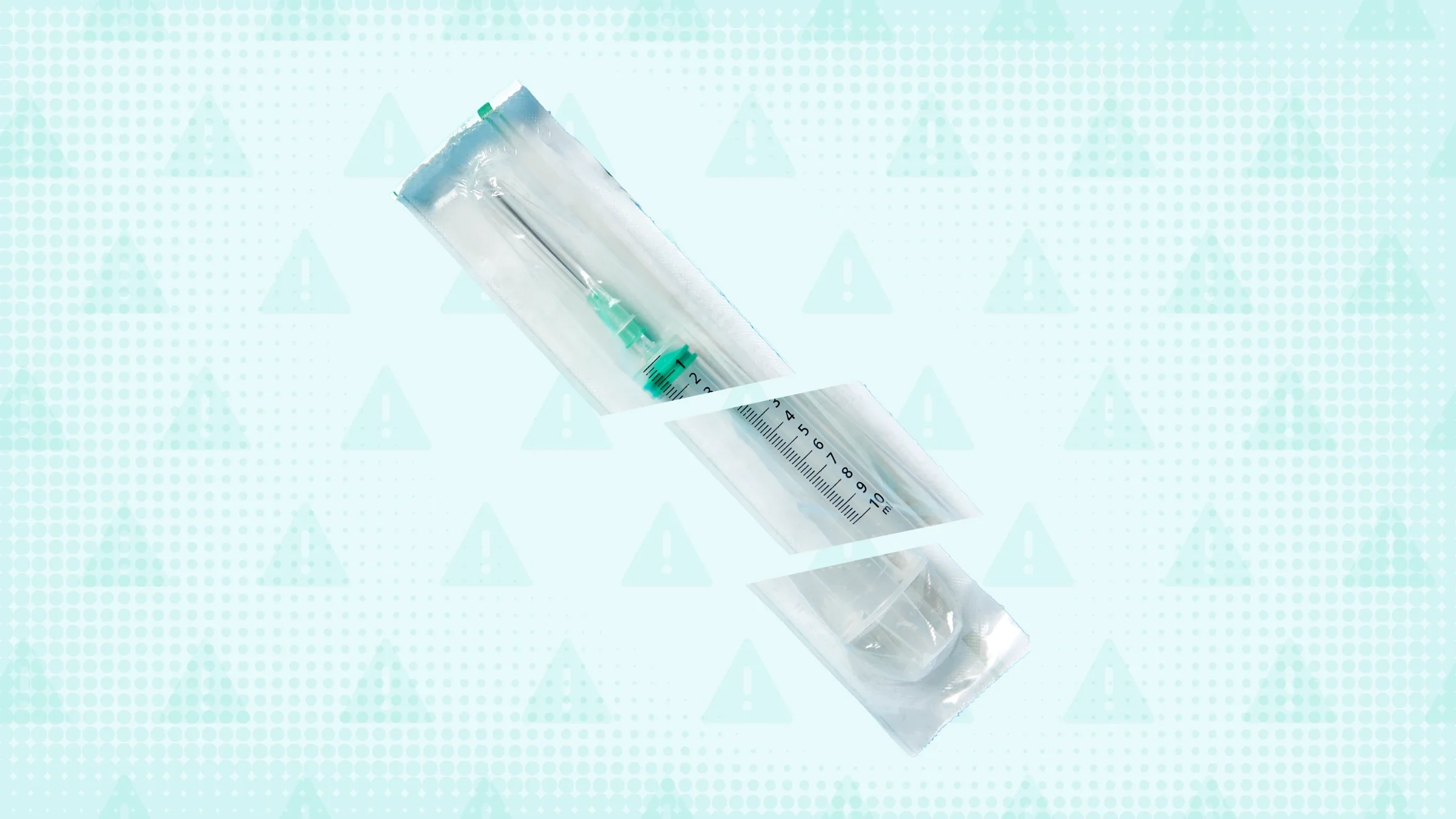 Light teal textured background with warning sign pattern. In the center is a sterile packaged flu shot cut into thirds.