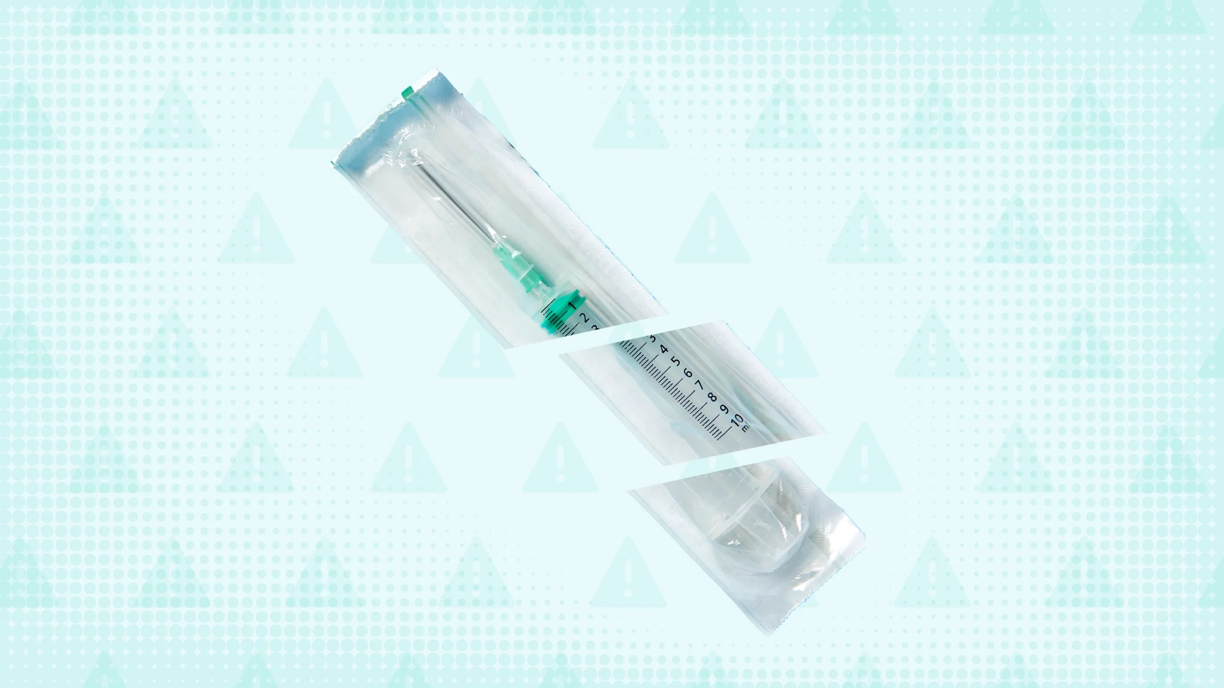 Light teal textured background with warning sign pattern. In the center is a sterile packaged flu shot cut into thirds. 
