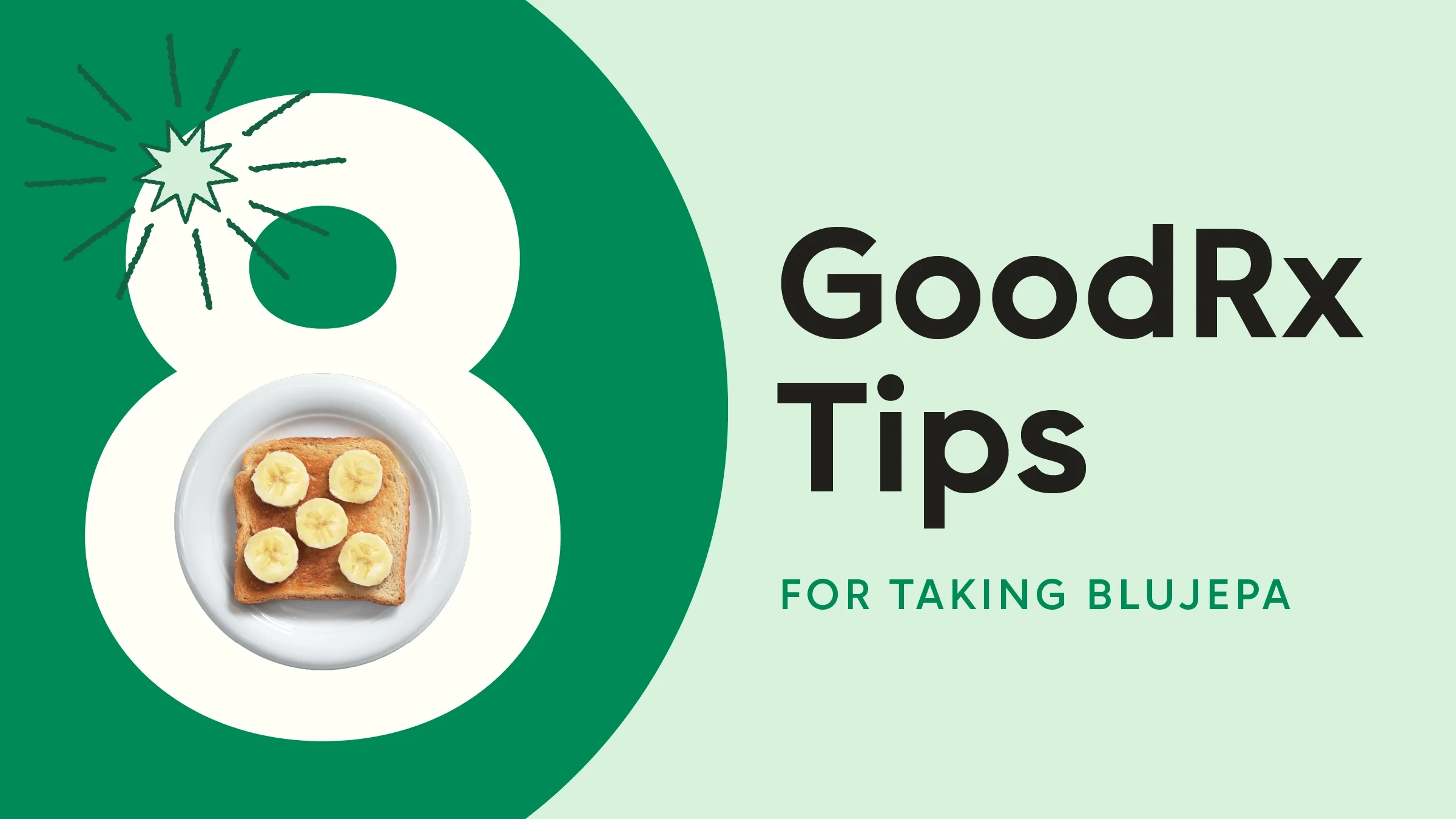 Light green background with dark green half circle on the left. The text reads: “8 GoodRx Tips for Taking Blujepa.” In one of the centers of the number 8 is a plate with banana on toast.