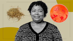 A custom graphic includes a black-and-white photo of a woman and objects representing what taking Jardiance feels like: a pile of hay and a petri dish.
GoodRx Health