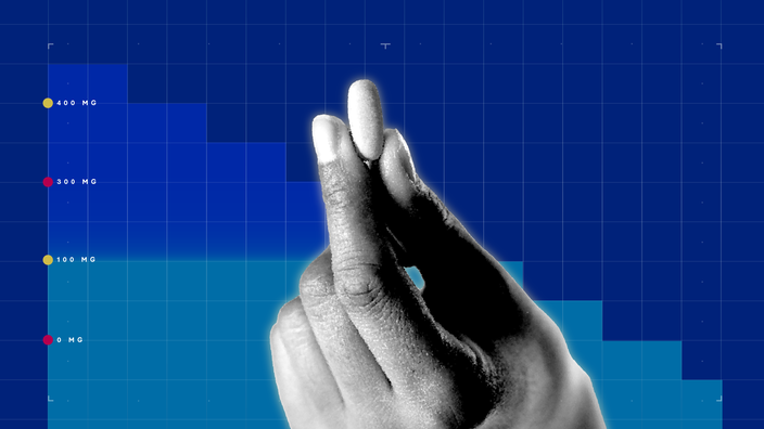 Dark blue background with graph paper texture and representational step graph. In the center is a black and white cutout of a hand holding a single oblong pill.