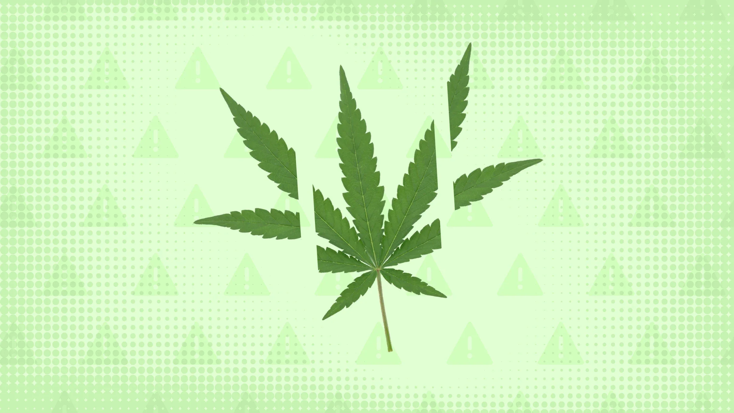 A bright green background with texture and warning sign pattern. In the center is a marijuana leaf cut into thirds.
GoodRx Health 