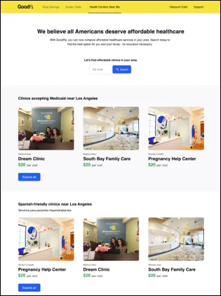 Prototype of Team Health Center's search page