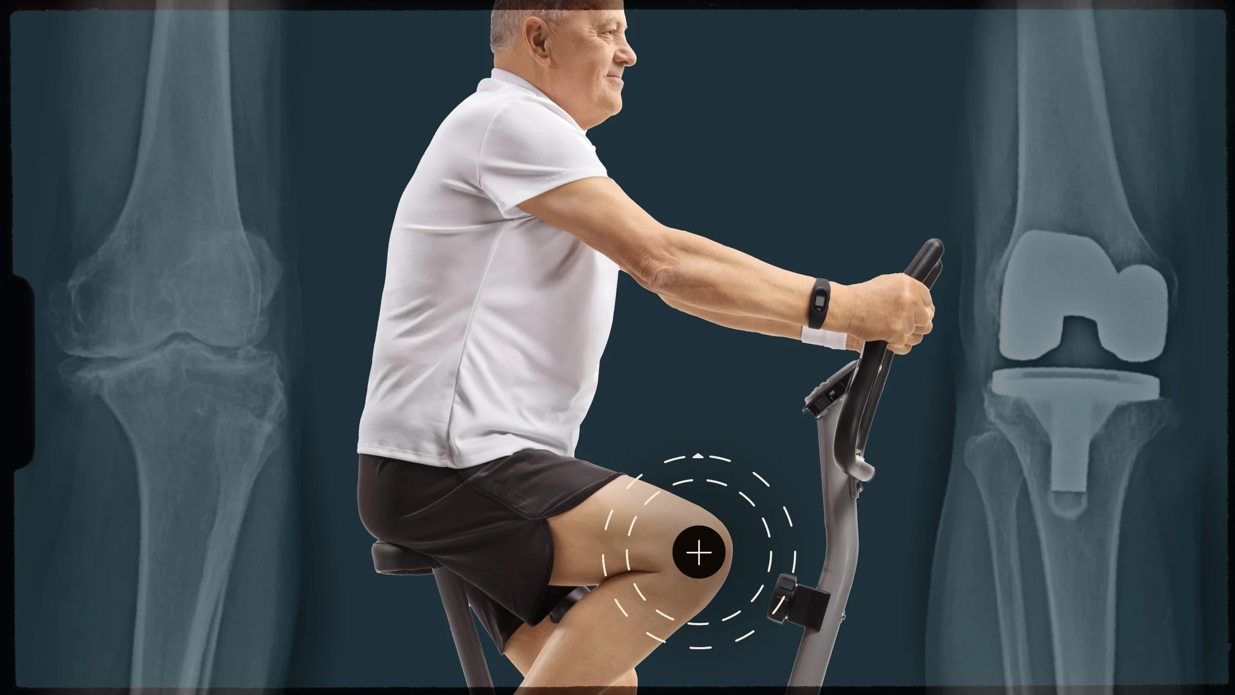 A graphic shows a man riding a stationary bike with a target on his knee and knee X-rays in the background.