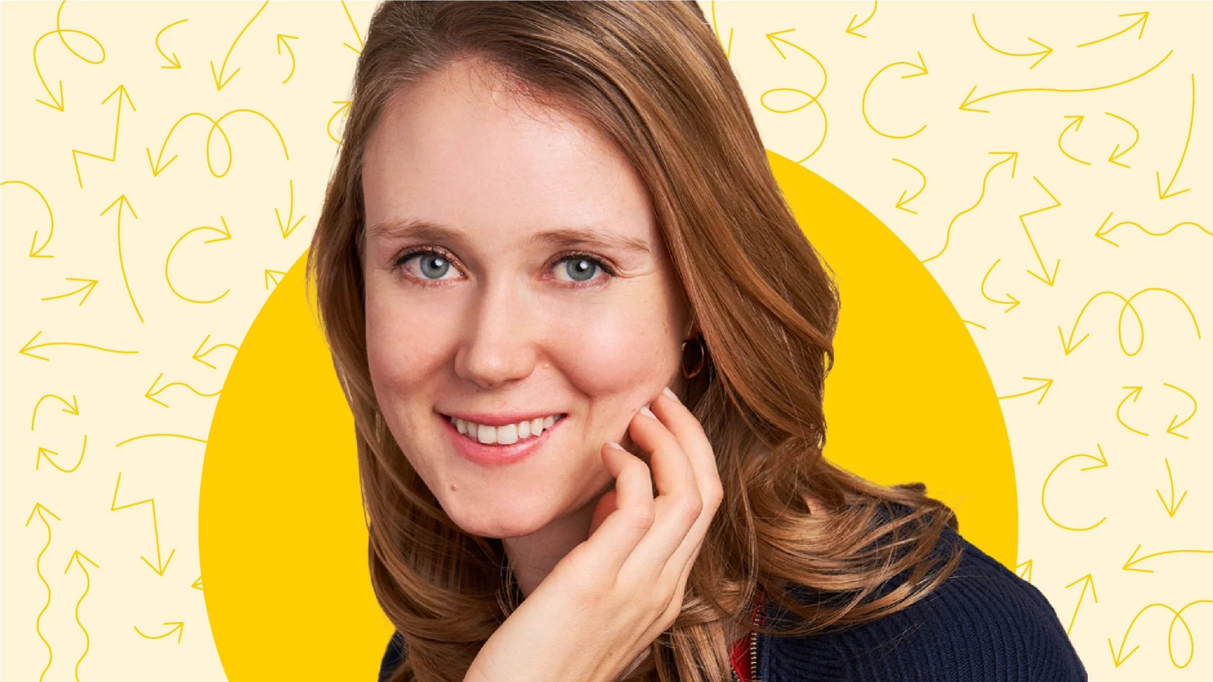 Cutout portrait of Clare Henning on a yellow background with doodle arrows as a pattern.