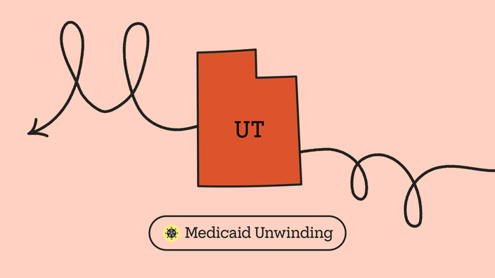 Light red-pink background with red state outline of Utah in the center. A looping arrow across the frame creates the letter “M.” At the bottom it reads “Medicaid Unwinding” with a COVID-19 icon.