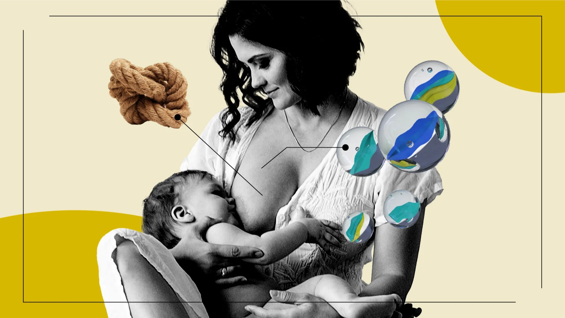 Black and white image of woman feeding a baby. The background is pale yellow, with darker yellow circles. There are arrows from her breast pointing to a knot and clogged ducts.