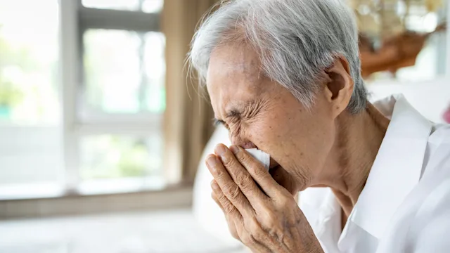 allergies: senior woman blowing her nose 1244463689