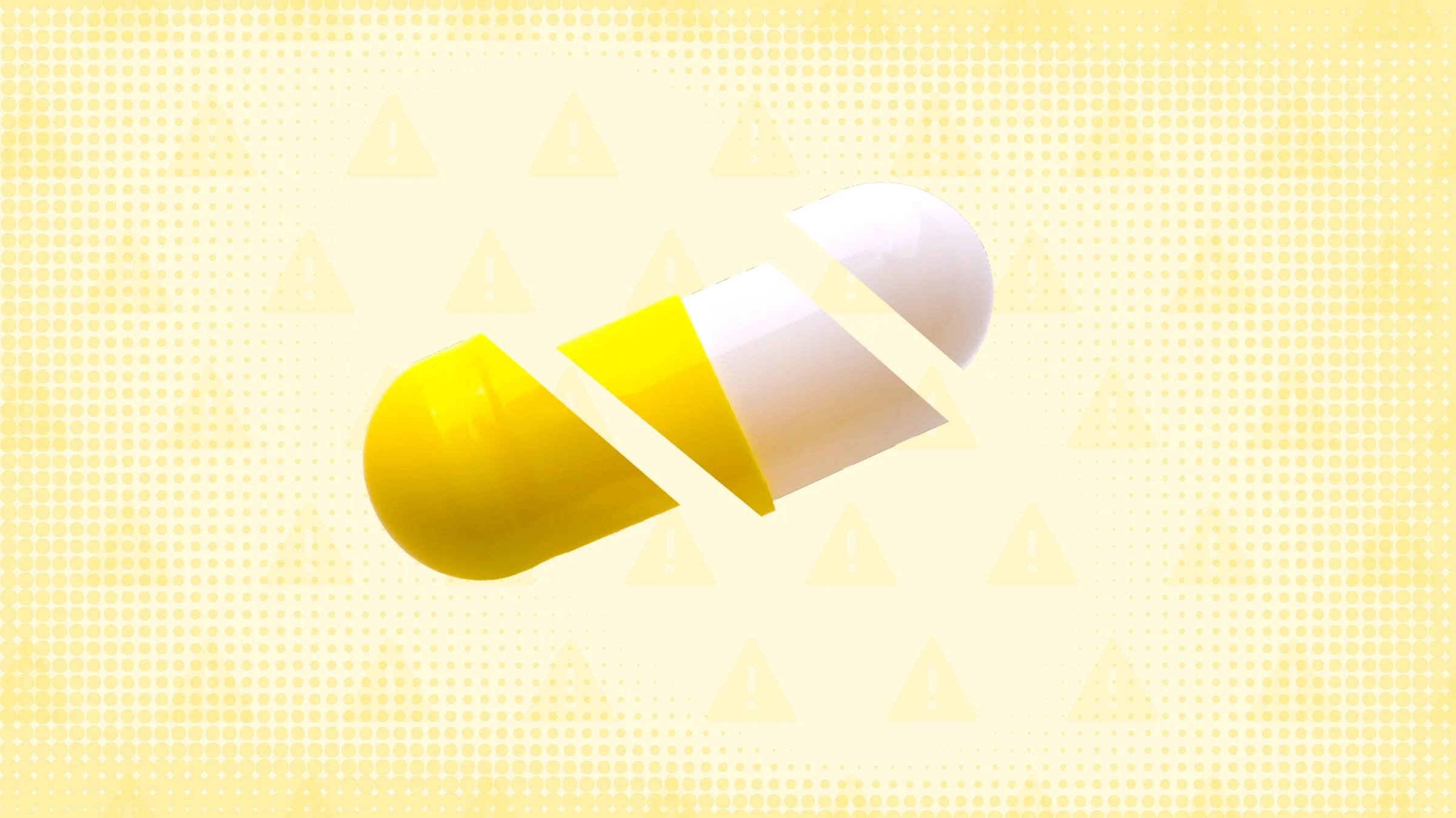 A photo of a white and yellow capsule pill is cut into thirds. 